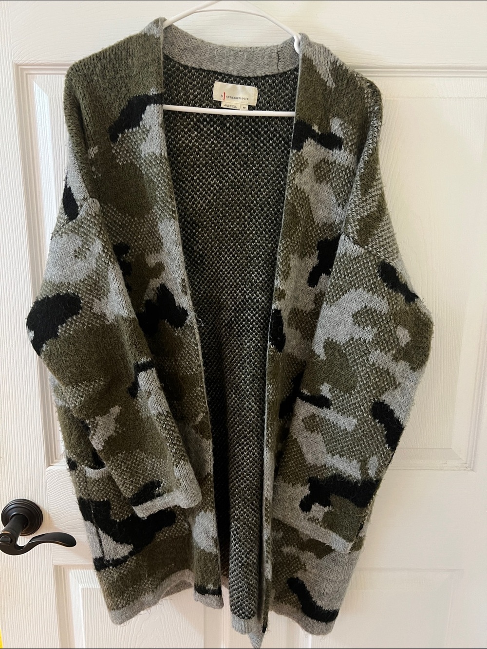 Anthropologie Olive Gray Black Camouflage Open-Front Cardigan